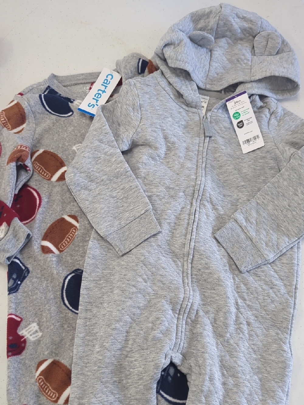 24M/2TCarter's Light Gray Quilted Hooded Baby Romper with Football Print Sleeper